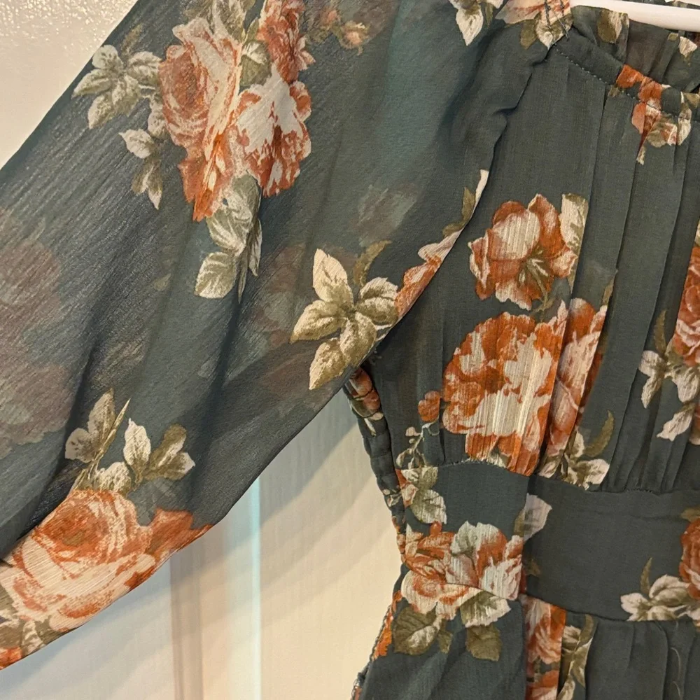 Rare Editions Olive Green Floral Tiered Puff-Sleeve Girls Dress